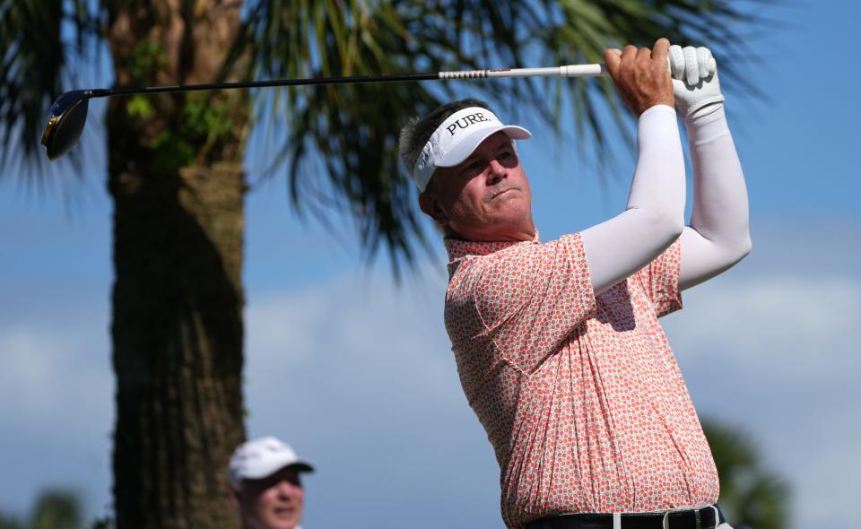 Paul Goydos, teeing off on the 18th hole during Friday's first round, finished tied for second at the TimberTech Championship, six strokes behind Bernhard Langer.