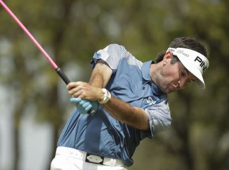 Mar 24, 2018; Austin, TX, USA; Bubba Watson of the United States tees off on number 8 playing against Kiradech Aphibarnrat of Thailand during the fifth round of the WGC - Dell Technologies Match Play golf tournament at Austin Country Club. Mandatory Credit: Erich Schlegel-USA TODAY Sports