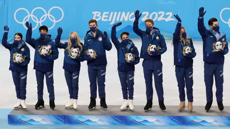 Team USA celebrates during the team event flower ceremony at the Beijing 2022 Winter Olympic Games on February 7, 2022. - Jean Catuffe/Getty Images