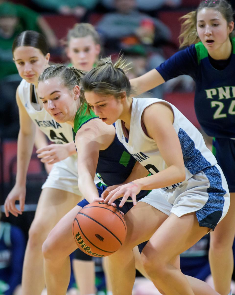 Peoria Notre Dame's Julia Mingus knocks the ball away from Wilmette Regina Dominican's Payton Olszewski in the first half of their Class 2A girls basketball state semifinal Thursday, Feb. 29, 2024 at CEFCU Arena in Normal. The Irish routed the Panthers 71-25.