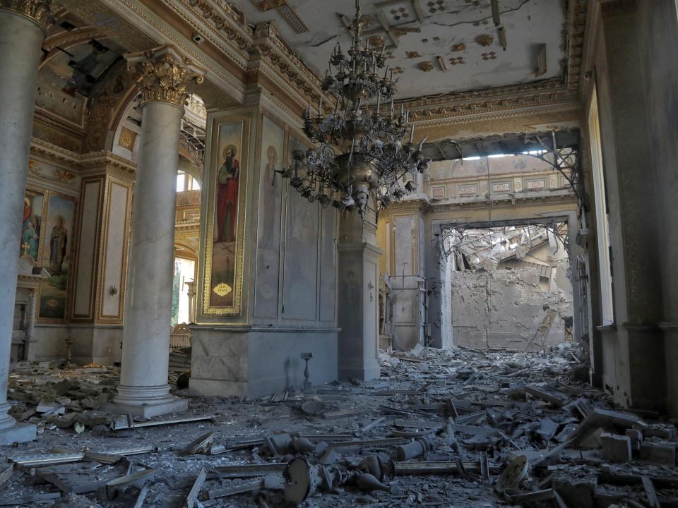 An interior view shows the Transfiguration Cathedral damaged during a Russian missile strike, amid Russia's attack on Ukraine, in Odesa, Ukraine July 23, 2023.