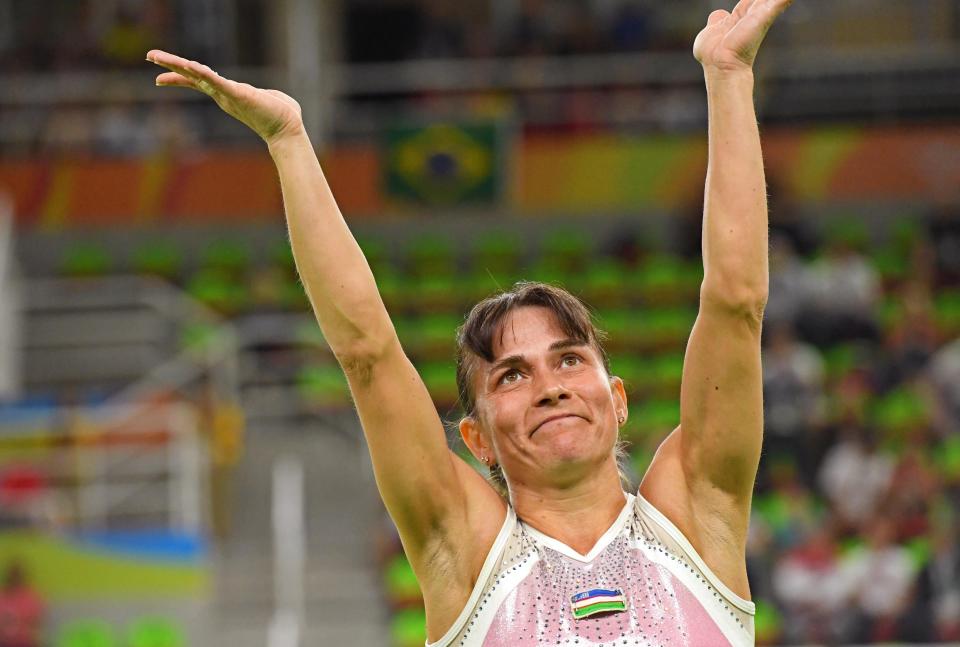 Oksana Chusovitina competes during the women's vault finals in the 2016 Rio Summer Olympic Games.