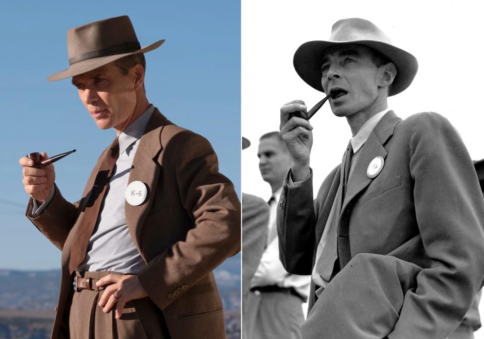 This image released by Universal Pictures shows Cillian Murphy as Dr. J. Robert Oppenheimer in a scene from "Oppenheimer," left, and physicist Dr. J. Robert Oppenheimer on  the test ground for the atomic bomb near Alamogordo, N.M., on Sept. 9, 1945. 