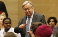 U.N. Secretary General Antonio Guterres arrives for a meeting with representatives of various NGO organisations in Katowice, Poland, Friday, Dec. 14, 2018. (AP Photo/Czarek Sokolowski)