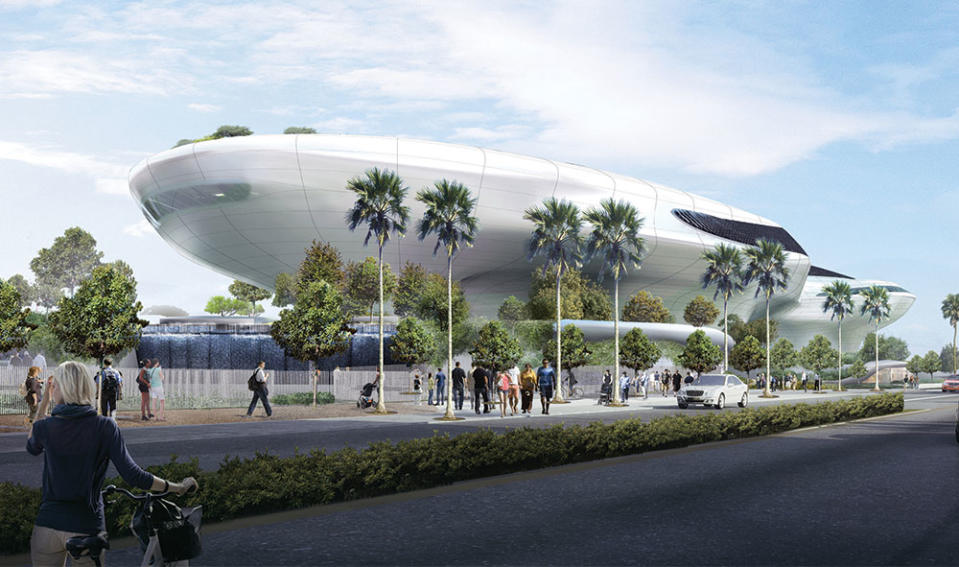 A rendering of the Lucas Museum of Narrative Art, set to open in 2025 near the Natural History Museum and campus of USC.