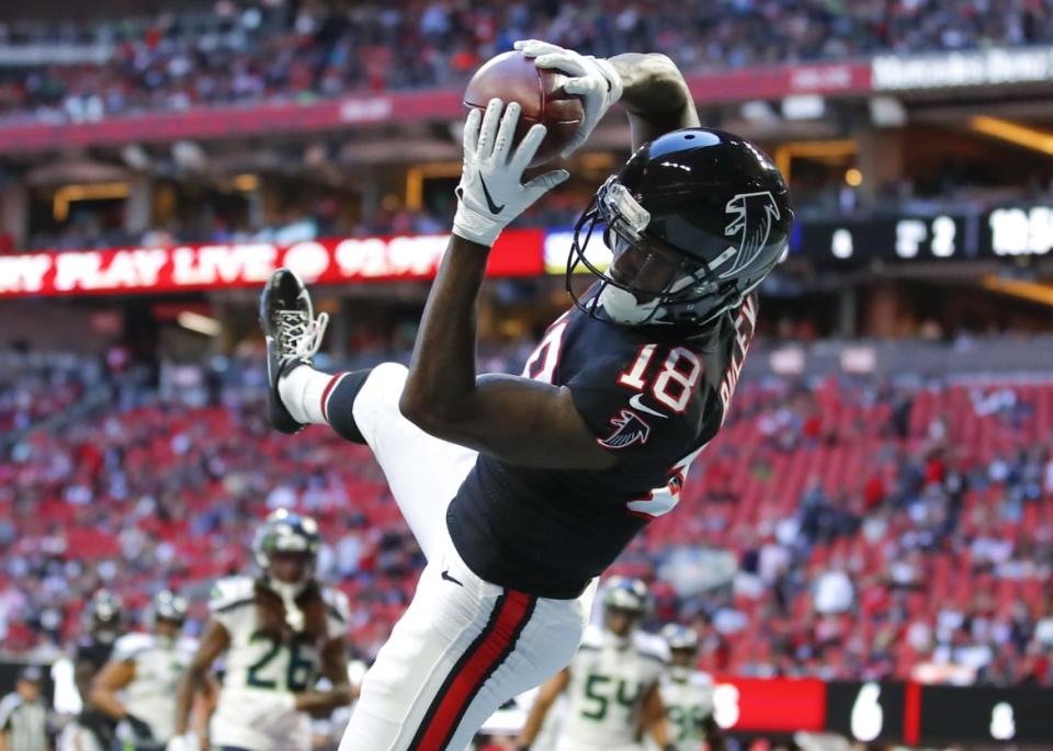 <div class="inline-image__caption"><p>Calvin Ridley of the Atlanta Falcons converts a two point conversion with his reception in the second half of an NFL game against the Seattle Seahawks at Mercedes-Benz Stadium on October 27, 2019, in Atlanta, Georgia. </p></div> <div class="inline-image__credit">Todd Kirkland/Getty</div>