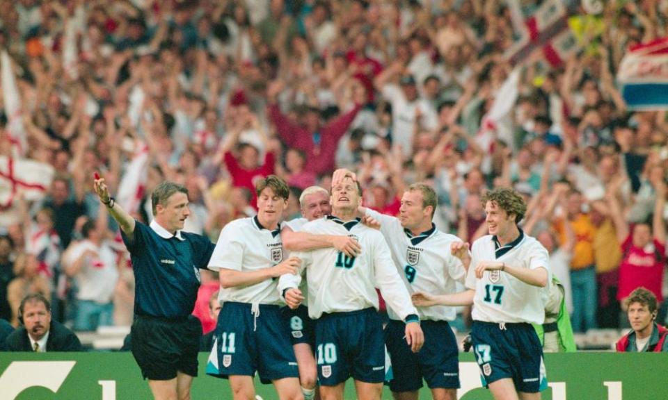 Darren Anderton, Paul Gascoigne, Teddy Sheringham and Alan Shearer after Sheringham scored during England’s 4-1 win over the Netherlands at Wembley, their finest performance of Euro 96.