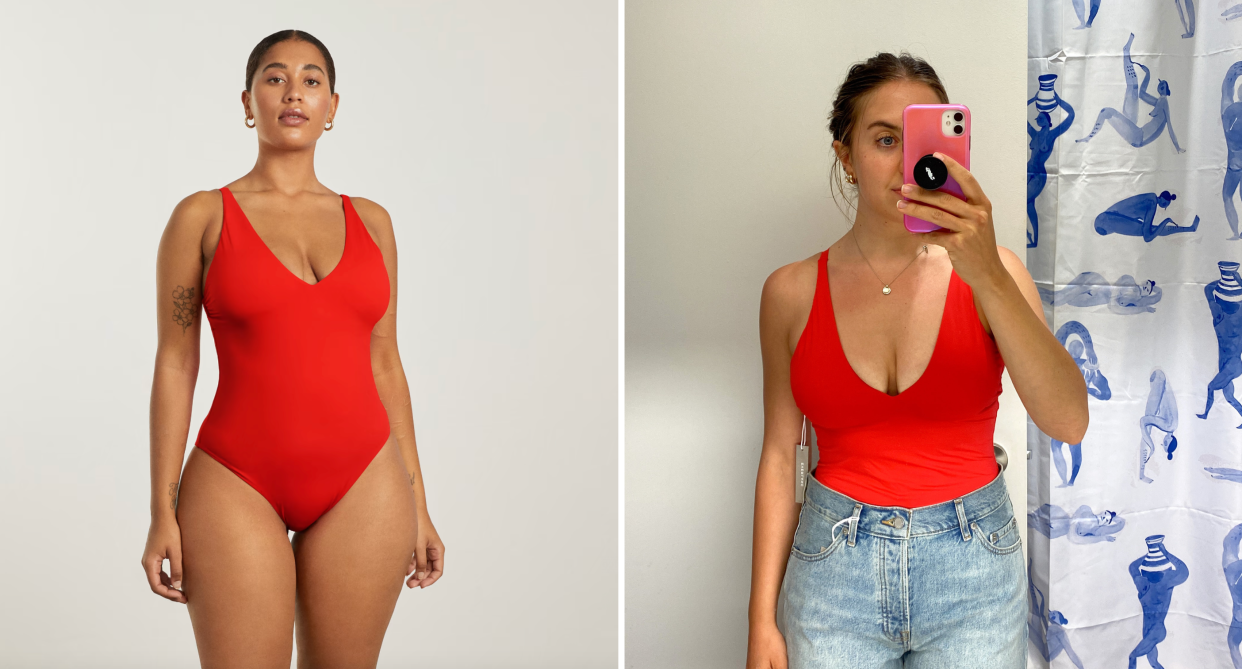 everlane, Everlane model in red one-piece swimsuit on white background, woman taking mirror selfie in red swimsuit and blue everlane denim shorts