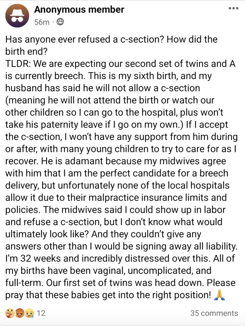 Anonymous member's post seeking advice on whether to refuse a c-section due to husband's unwillingness to sign liability waiver, concerns about the outcome shared