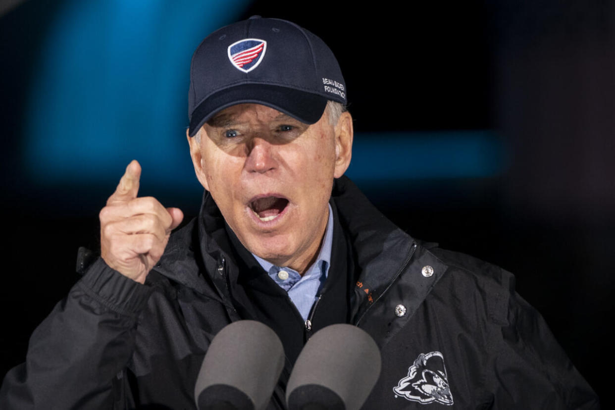 PHILADELPHIA, PA – NOVEMBER 01: Democratic presidential nominee Joe Biden speaks during a drive-in campaign rally at Franklin Delano Roosevelt (FDR) Park on November 01, 2020 in Philadelphia, Pennsylvania. Biden is campaigning in Philadelphia on Sunday, in the key battleground state of Pennsylvania that President Donald Trump won narrowly in 2016. (Photo by Drew Angerer/Getty Images)