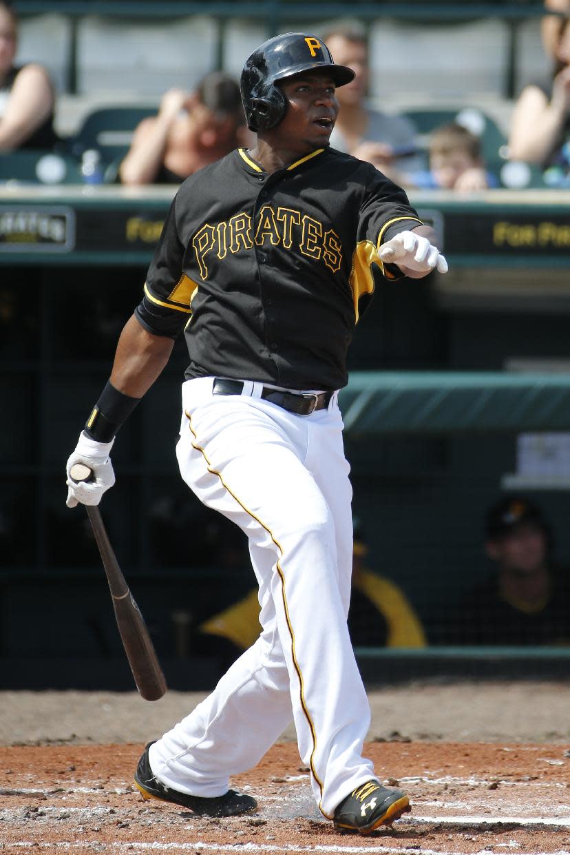 Pittsburgh Pirates' Gregory Polanco bats during the team's annual spring training Black and Gold intra-squad baseball game in Bradenton, Fla., Tuesday, Feb. 25, 2014. (AP Photo/Gene J. Puskar)