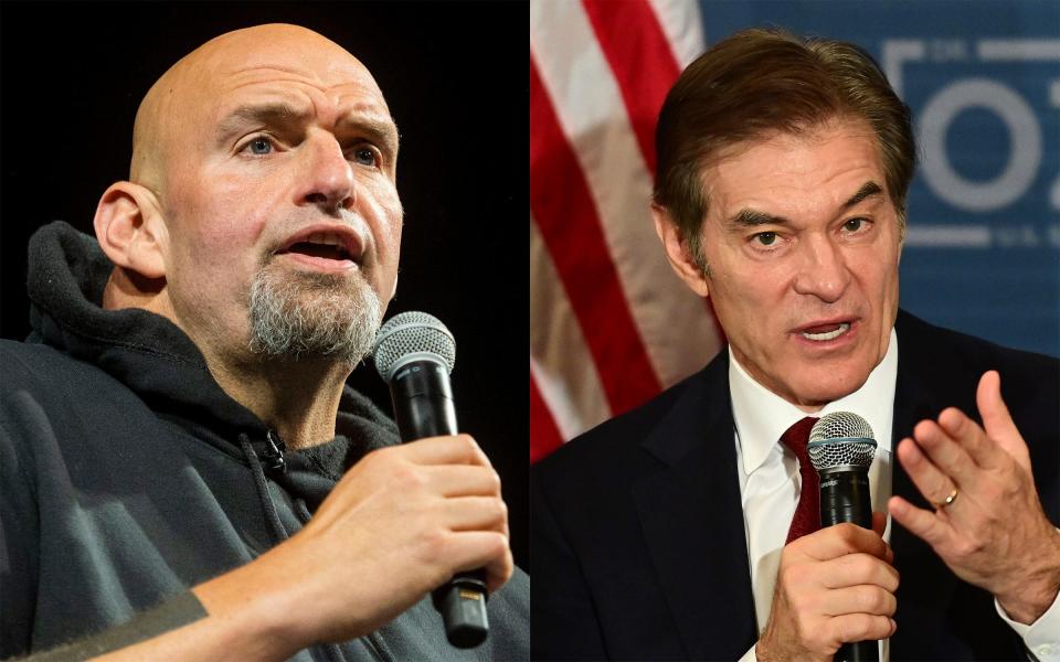 This combination of file photos shows Democratic Senate candidate, Pennsylvania Lt. Gov. John Fetterman, left, and Republican Senate candidate Dr. Mehmet Oz.