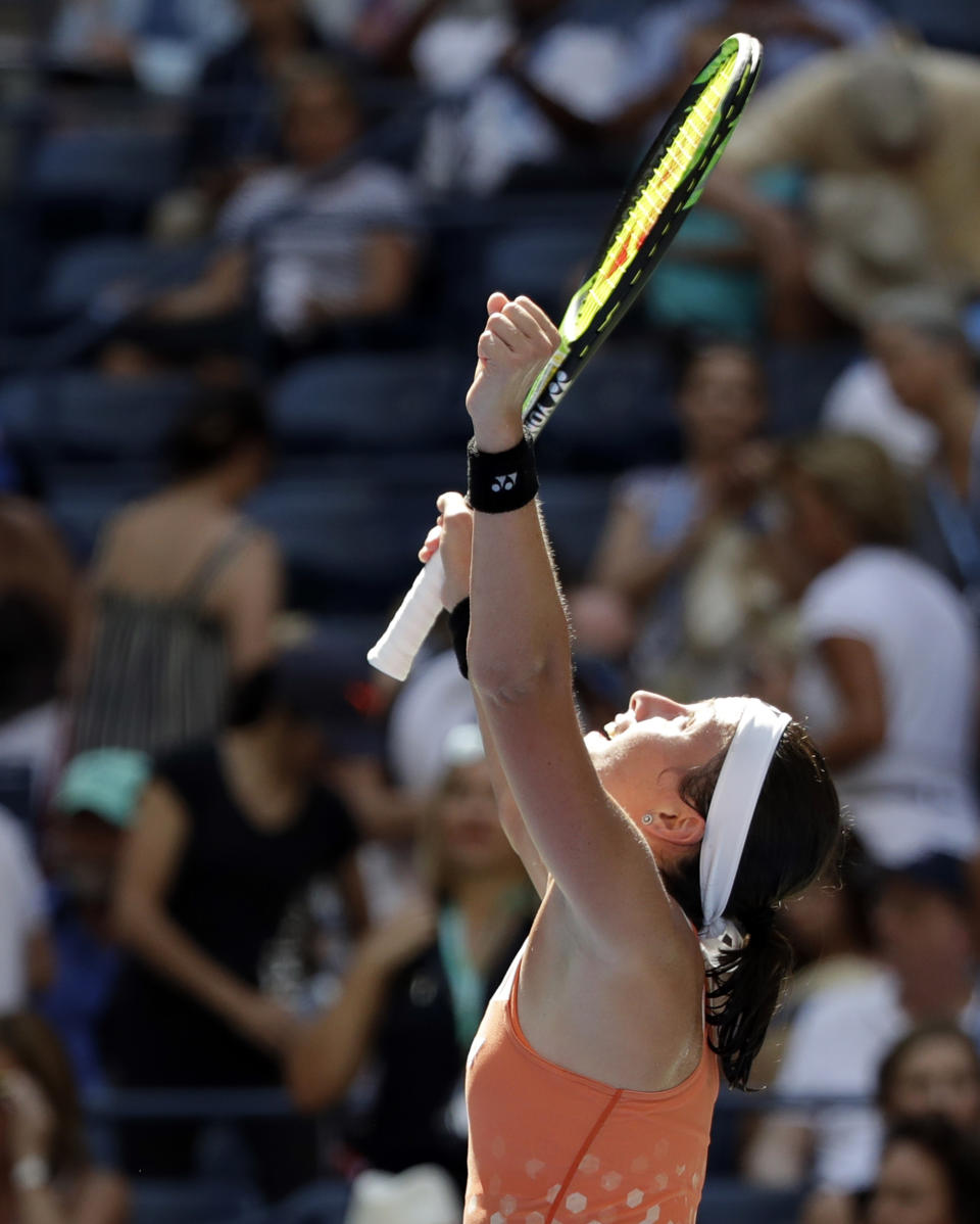 Anastasija Sevastova, of Latvia, celebrates after defeating Sloane Stephens during the quarterfinals of the U.S. Open tennis tournament, Tuesday, Sept. 4, 2018, in New York. (AP Photo/Carolyn Kaster)