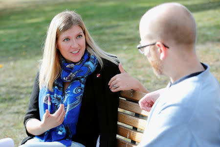 Beatrice Fihn (L), Executive Director of the International Campaign to Abolish Nuclear Weapons (ICAN), attends an interview with Reuters outside the United Nations office in Geneva, Switzerland, October 26, 2018. Picture taken October 26, 2018. REUTERS/Denis Balibouse