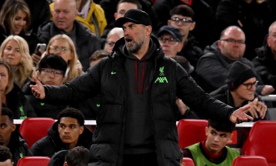 <span>Jürgen Klopp said his <a class="link " href="https://sports.yahoo.com/soccer/teams/liverpool/" data-i13n="sec:content-canvas;subsec:anchor_text;elm:context_link" data-ylk="slk:Liverpool;sec:content-canvas;subsec:anchor_text;elm:context_link;itc:0">Liverpool</a> side were ‘everywhere and nowhere’ in a dismal home performance against Atalanta.</span><span>Photograph: Andrew Powell/Liverpool FC/Getty Images</span>