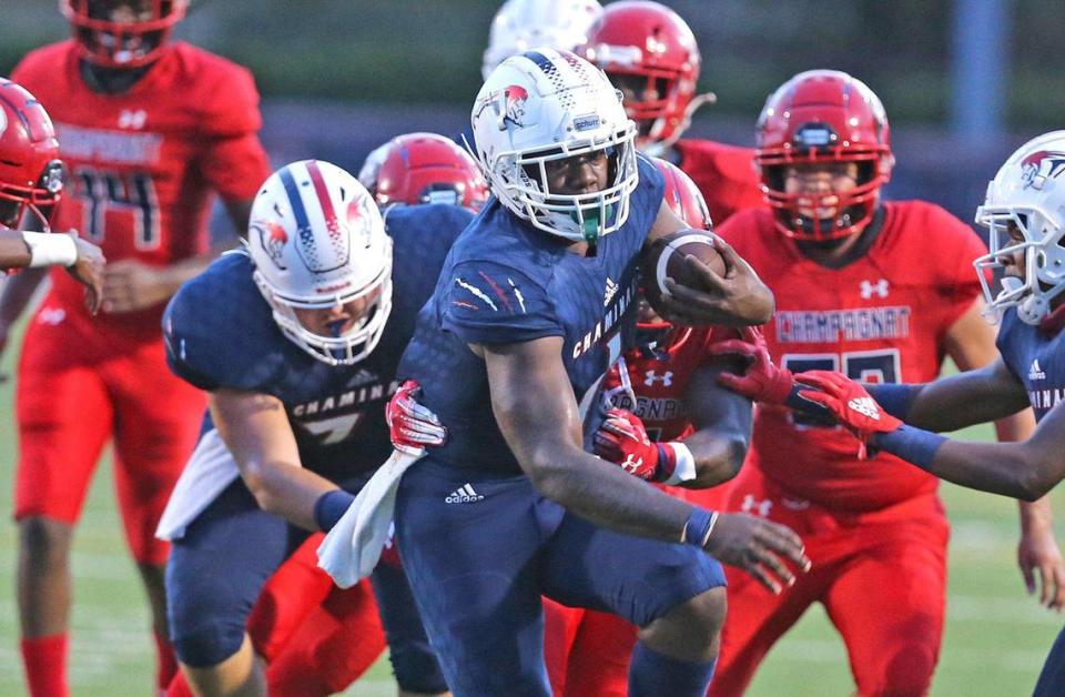 Chaminade-Madonna running back Thaddius Franklin (1) helps set up a first quarter touchdown as they play Champagnat Catholic at Chaminade-Madonna College Preparatory School, Hollywood, Florida, Friday, September 11, 2020.