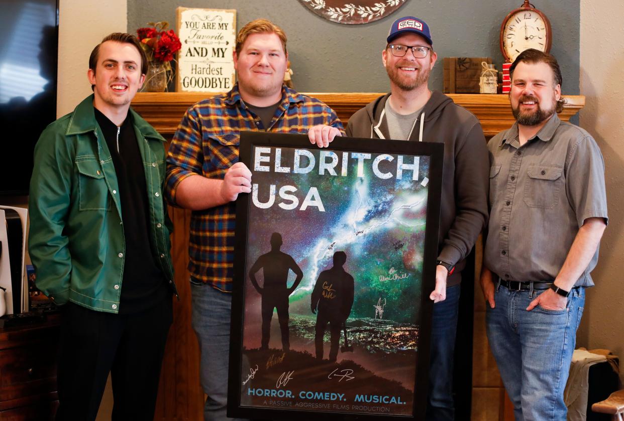 "Eldritch, USA" cast and crew (from left) co-music producer Nathan Hurley, lead actor Graham Weldin, director of photography David Watson, and director, producer, writer,  editor, Ryan Smith on Wednesday, March 15, 2023.