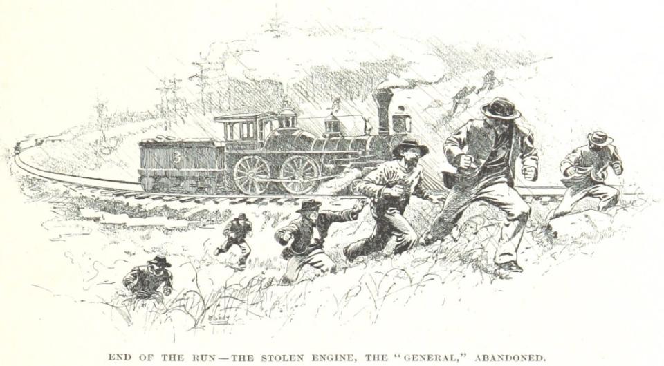 A sketch of the raiders abandoning their locomotive