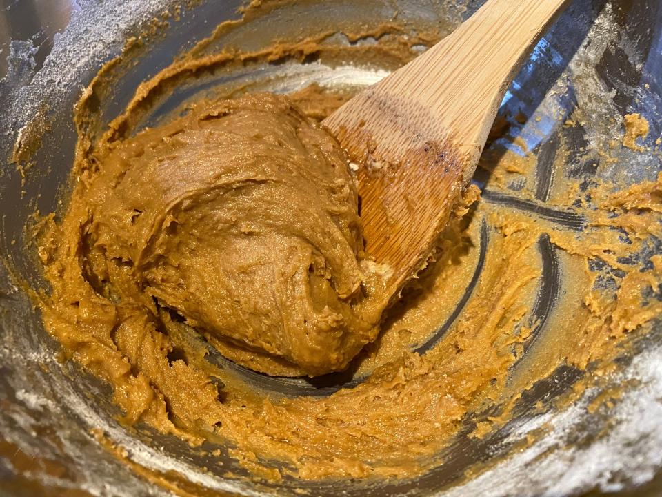 mixing bater for Duff Goldman gingerbread in metal bowl