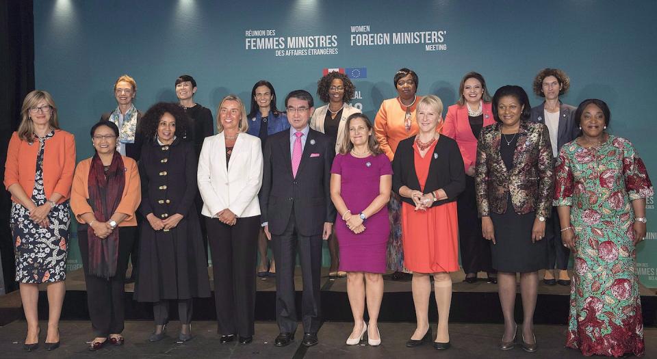 Women foreign affairs ministers, including Chrystia Freeland, who was Canada’s foreign affairs minister at the time, pose for a photo at a conference in Montréal in 2018. THE CANADIAN PRESS/Graham Hughes