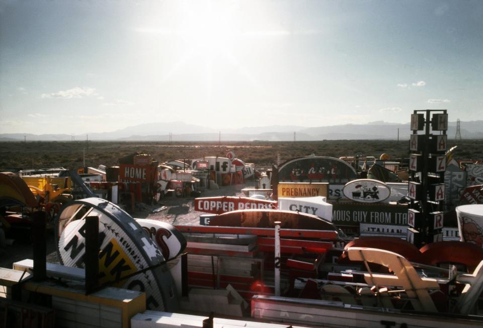 A view of a neon sign graveyard in October 1977 in Las Vegas, Nevada.