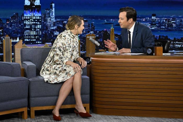 Olsen talking to Jimmy Fallon