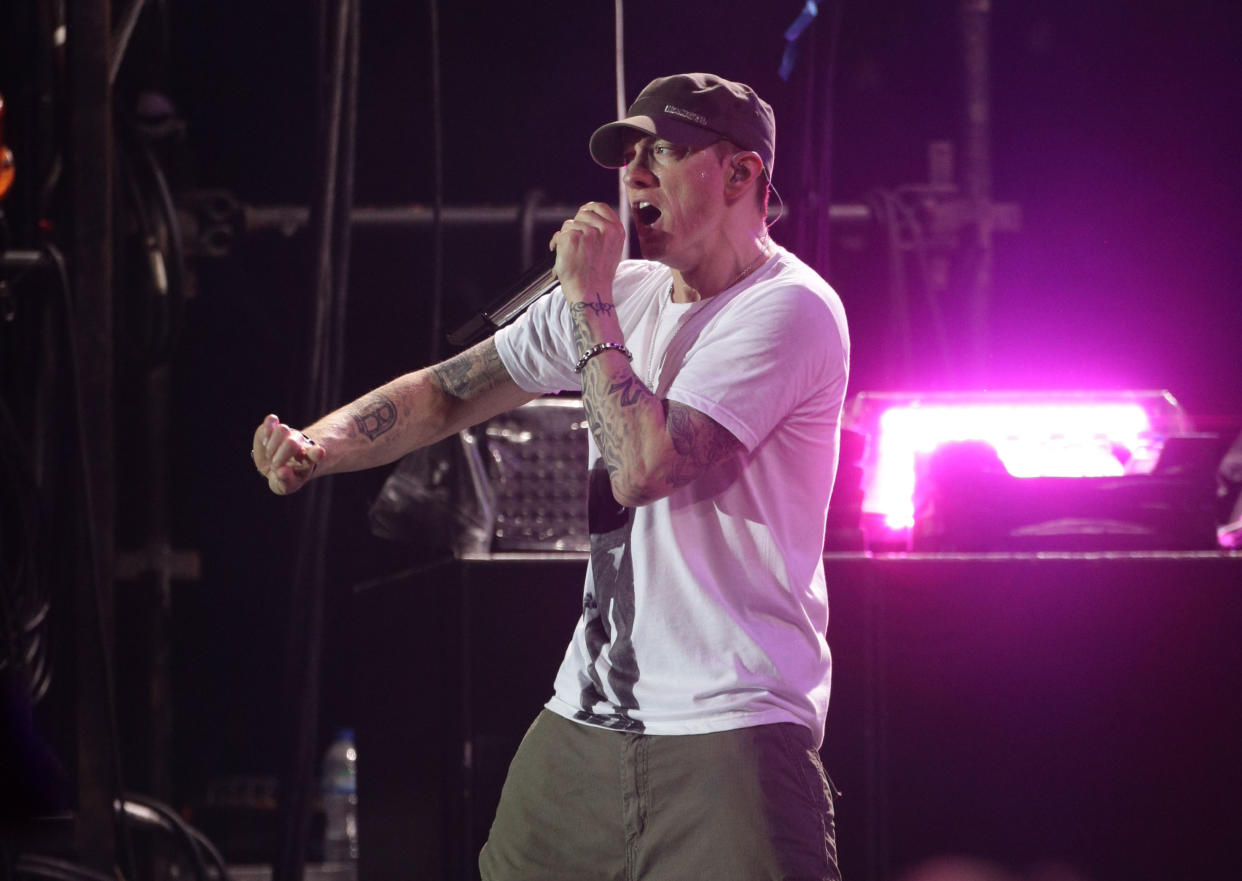 Eminem performing on the Main Stage, during day two of the Reading Festival.