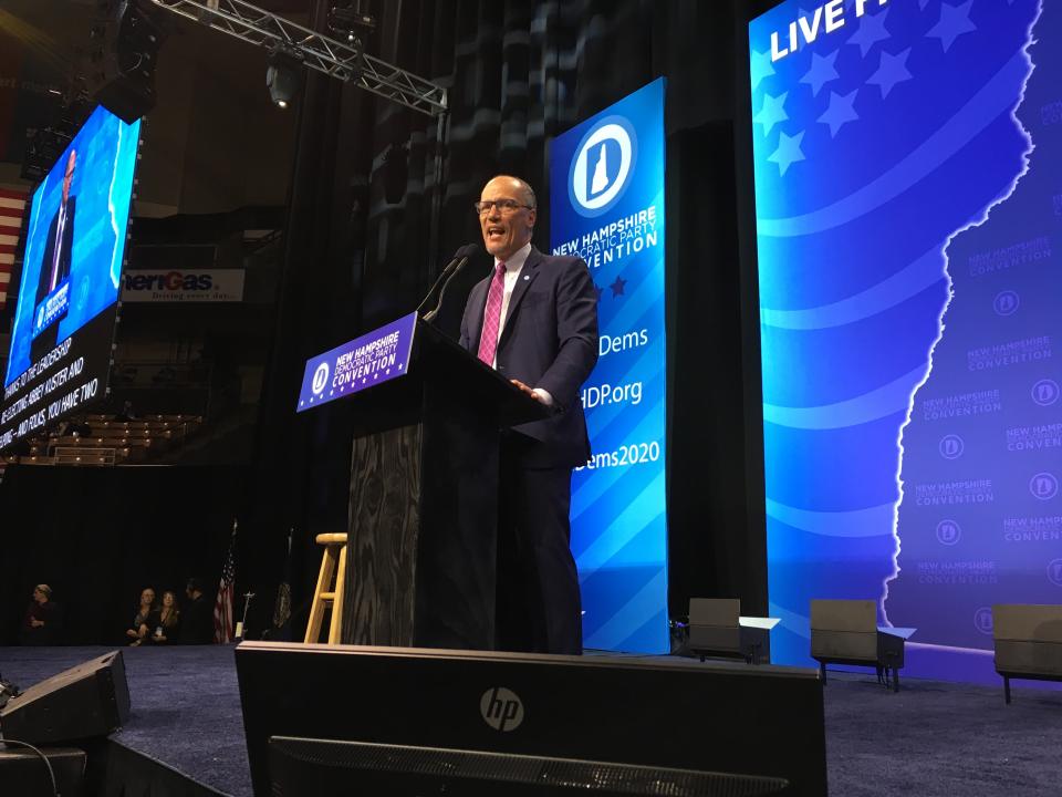 DNC Chair Tom Perez speaks to a Democratic Party gathering in New Hampshire ahead of the 2020 New Hampshire presidential primary.