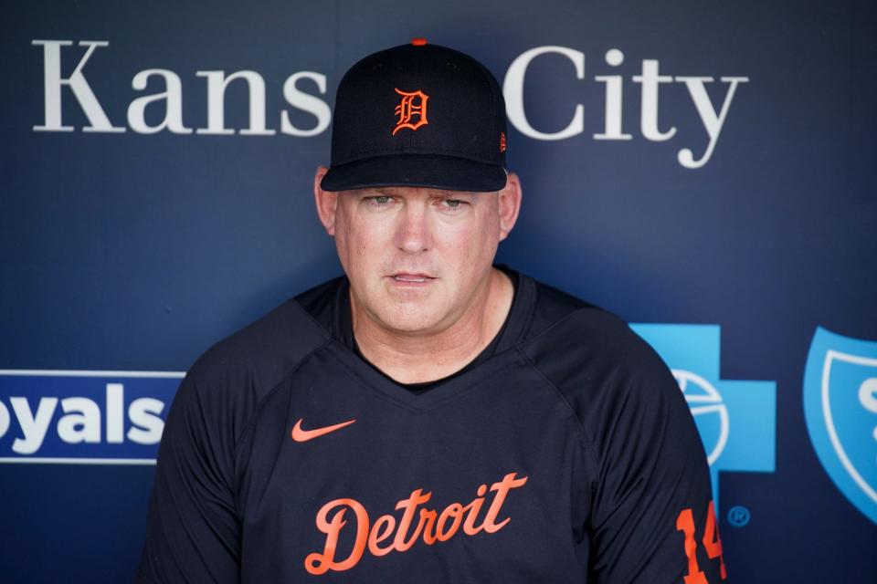 Tigers manager A.J. Hinch talks to media in the dugout before a game against the Royals on Monday, May 22, 2023, in Kansas City, Missouri.