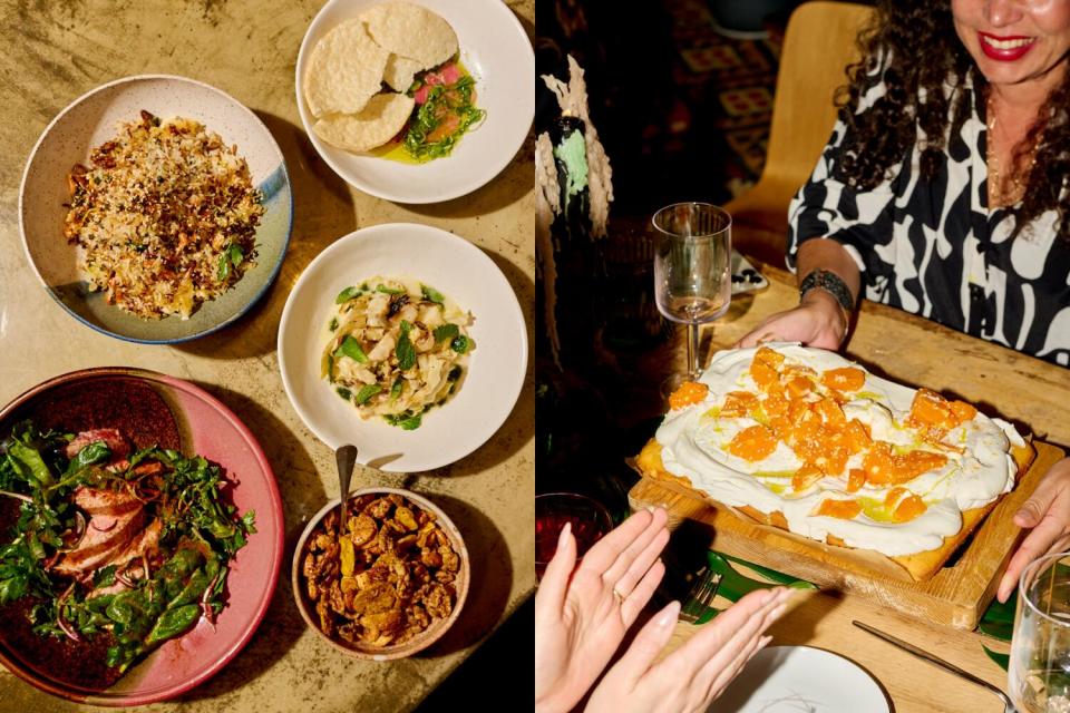 Dual images show pork collar steaks, crispy rice, charred cabbage salad, crudo with rice crackers and rum cake.