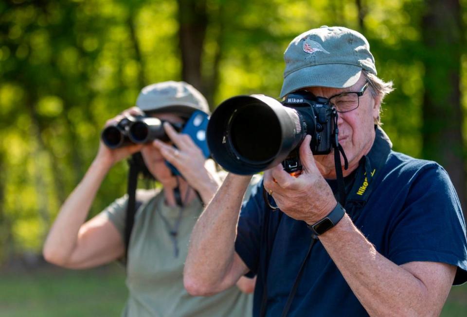 Anders and Beverly Gyllenhaal search for birds at Anderson Point Park on Thursday, April 13, 2023 in Raleigh, N.C. They are authors of a new book ‘A Wing and a Prayer’ examining the race to save many vanishing species of birds.
