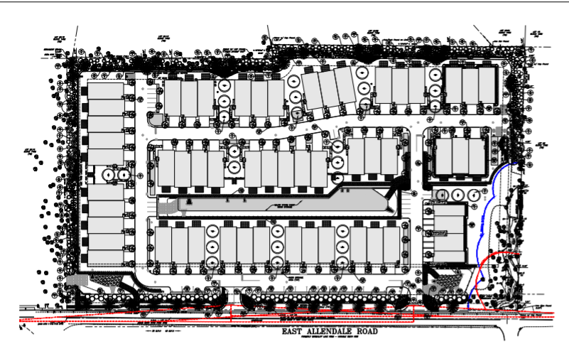 Hearings now before the Saddle River Planning Board on the so-called O'Donnell affordable housing site show a buffer for the Packer Brook (blue) and wetlands (red) in the southeast corner of the property on East Allendale Road.  The affordable units were moved from the northeast to the southeast corner of the property.