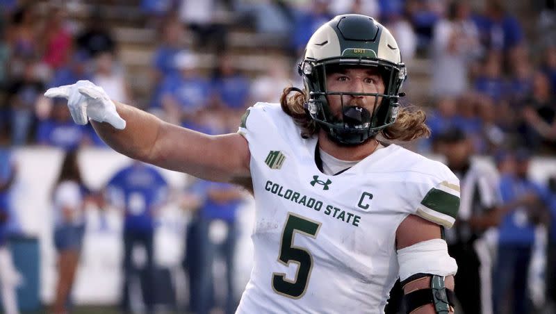 Colorado State tight end Dallin Holker scores against Middle Tennessee State in Murfreesboro, Tenn., Saturday, Sept. 23, 2023. The BYU transfer has been a primary weapon for the Rams this season.
