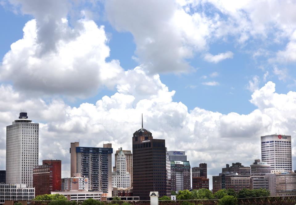 The Downtown Memphis skyline seen from the Hernando De Soto bridge on Thursday, June 3, 2021. 