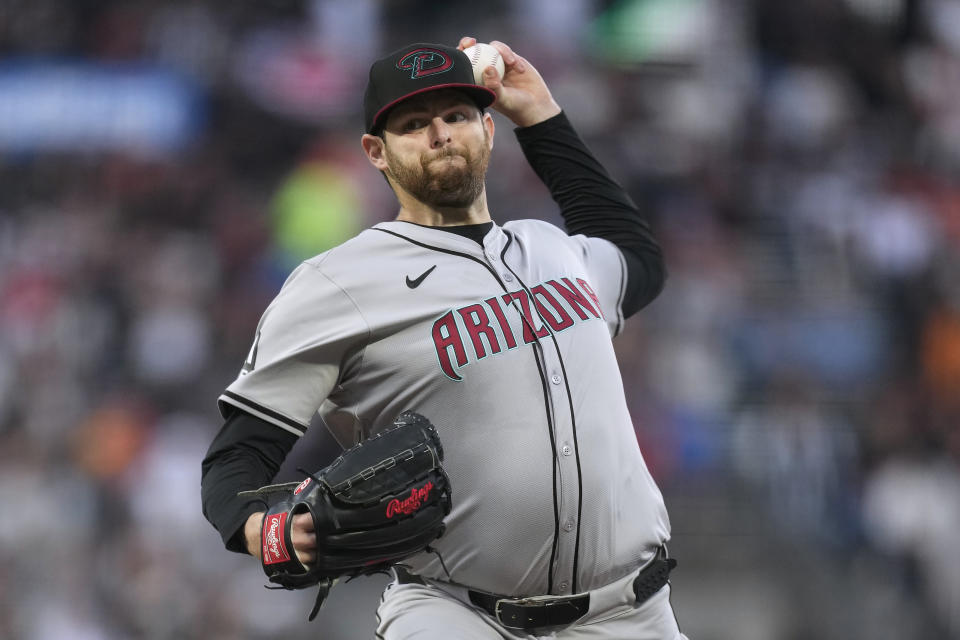 Arizona Diamondbacks pitcher Jordan Montgomery works against the San Francisco Giants during the first inning of a baseball game in San Francisco, Friday, April 19, 2024. (AP Photo/Jeff Chiu)