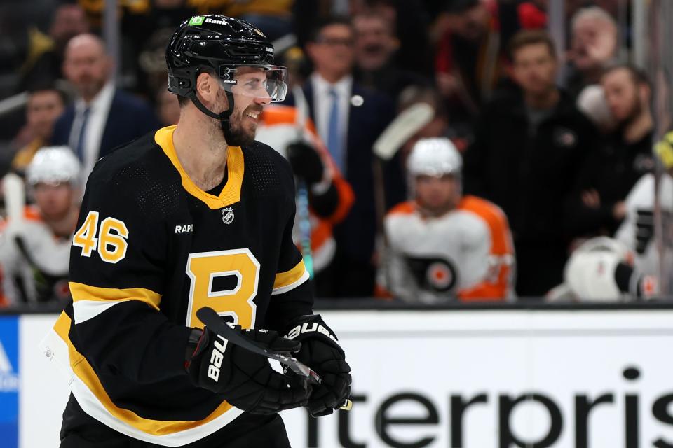 BOSTON, MASSACHUSETTS - JANUARY 16: David Krejci #46 of the Boston Bruins smiles during his 1000th NHL game in the third period against the Philadelphia Flyers at TD Garden on January 16, 2023 in Boston, Massachusetts. The Bruins defeat the Flyers 6-0.  (Photo by Maddie Meyer/Getty Images )