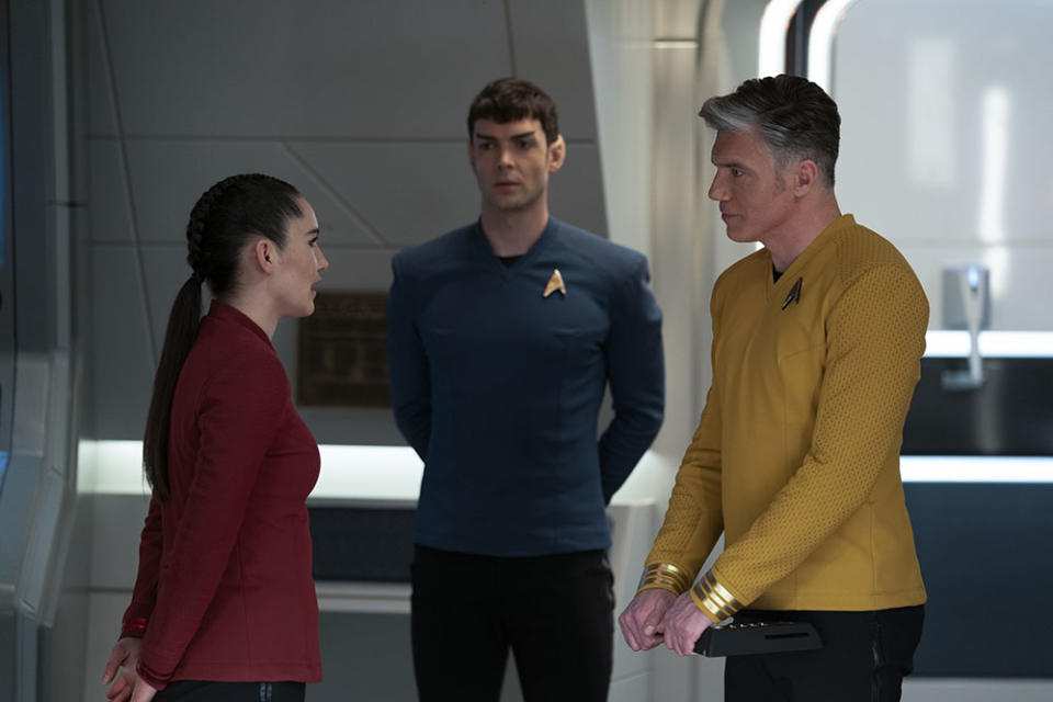 Christina Chong as La’an, Ethan Peck as Spock and Anson Mount as Pike in Star Trek: Strange New Worlds - Credit: Marni Grossman/Paramount+