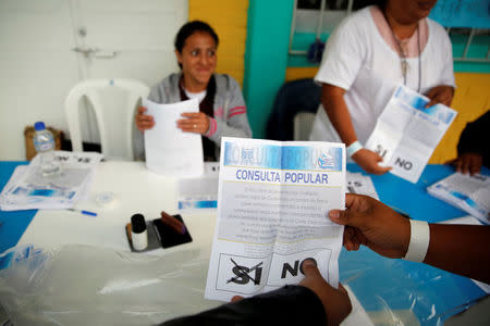 Poll workers count ballots after polls closed at a polling station during a referendum on a border dispute with Belize in Guatemala City, Guatemala April 15, 2018. REUTERS/ Luis Echeverria