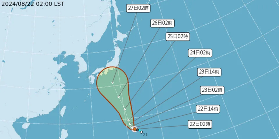 原位於關島西北方海面的熱帶性低氣壓，已於今天清晨2時發展為今年第10號颱風「珊珊」，預估對台灣天氣無影響。（圖取自中央氣象署網站）
