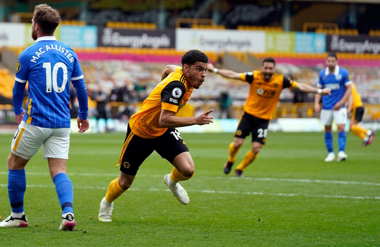 Morgan Gibbs-White celebrates after scoring Wolves’ winner (PA)