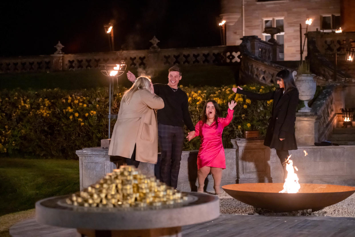 The Traitors winners Hannah Byczkowski, Aaron Evans and Meryl Williams with presenter Claudia Winkleman (Studio Lambert Associates/Paul Chappells/BBC/PA)