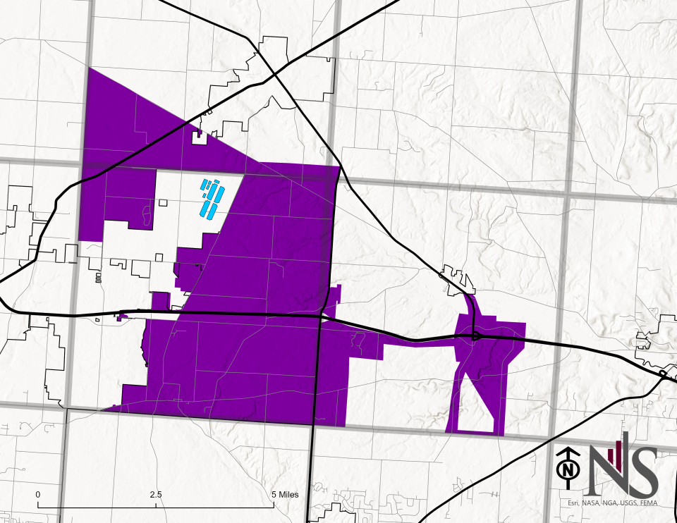 The service area for Southwest Licking Water and Sewer District, following an Oct. 6 agreement with the Licking County Commissioners. The agreement increased the district's Ohio 161 service area from 8,769 acres to 18,223 acres, with 11,702 acres in Jersey Township, 3,439 in St. Albans Township and 3,041 acres in Monroe Township.