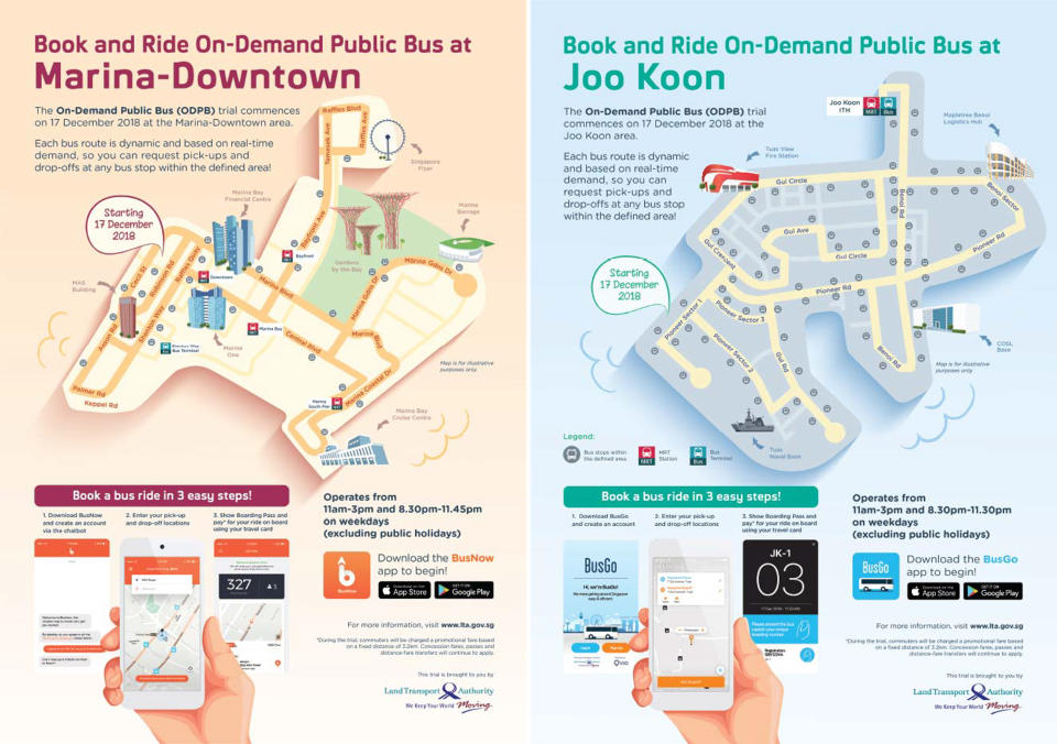 On-Demand Public Buses: the trial routes for Joo Koon and Marina-Downtown (PHOTO: Land Transport Authority)