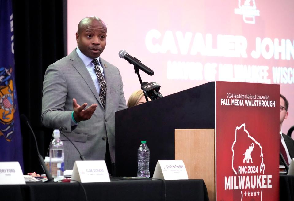 Milwaukee Mayor Cavalier Johnson speaks as part of the Republican National Convention fall media walkthrough at Fiserv Forum in Milwaukee on Thursday, Nov. 30, 2023. The convention will be held July 15-18.