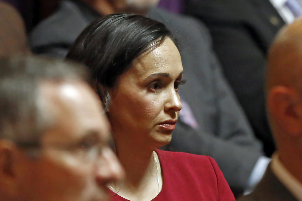 FILE - In this Nov. 6, 2019, file photo, California Republican Party chairwoman Jessica Millan Patterson listens during a hearing in Sacramento, Calif. A three-day convention of Republican party delegates that starts Friday, Sept. 24, 2021, will be anchored by a noontime speech by party Chairwoman Jessica Millan Patterson. (AP Photo/Rich Pedroncelli, Pool, File)