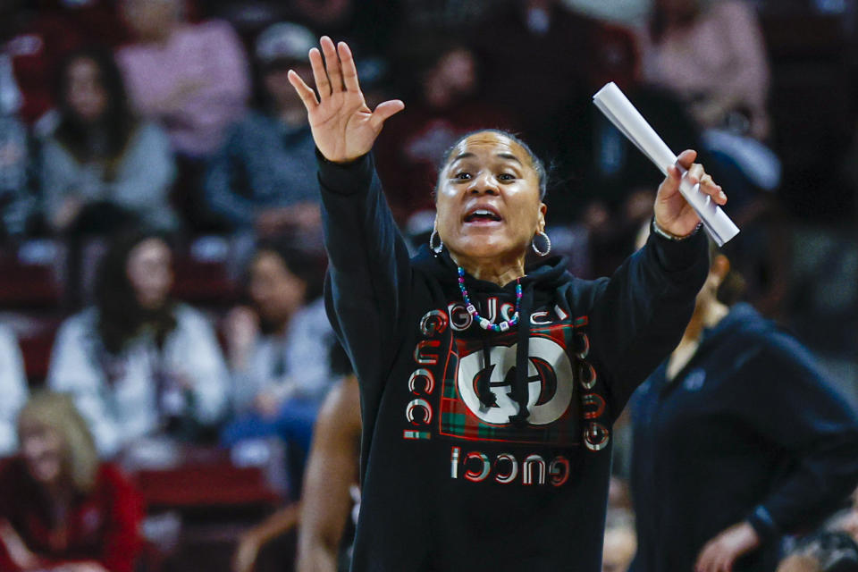 South Carolina head coach Dawn Staley directs her team against South Dakota State during the first half of an NCAA college basketball game in Columbia, S.C., Monday, Nov. 20, 2023. (AP Photo/Nell Redmond)
