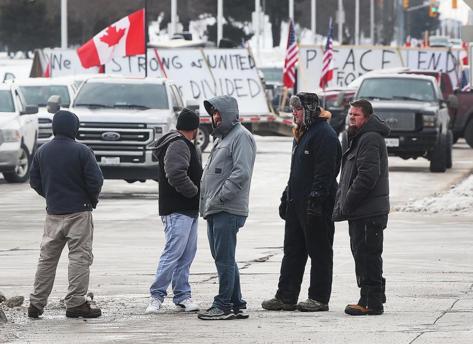 Anti-mandate protesters are shown near the Ambassador Bridge in Windsor on Feb. 8, 2022.
