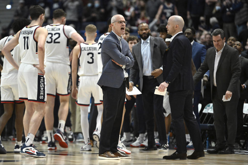 UConn head coach Dan Hurley reacts at officials in the first half of an NCAA college basketball game against St. John's, Sunday, Jan. 15, 2023, in Hartford, Conn. (AP Photo/Jessica Hill)
