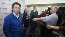 Christophe Dubi, Olympic Games Executive Director, left, speaks to the media Wednesday, April 10, 2024, in Salt Lake City. Salt Lake City's enduring enthusiasm for hosting the Olympics was on display, when members of the International Olympic Committee came to Utah during a site visit ahead of a formal announcement expected this July to name Salt Lake City the host for the 2034 Winter Olympics. (AP Photo/Rick Bowmer)