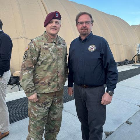 Rep. Chuck Edwards in Poland with Marion, N.C., native Brigadier General Jerry Baird.